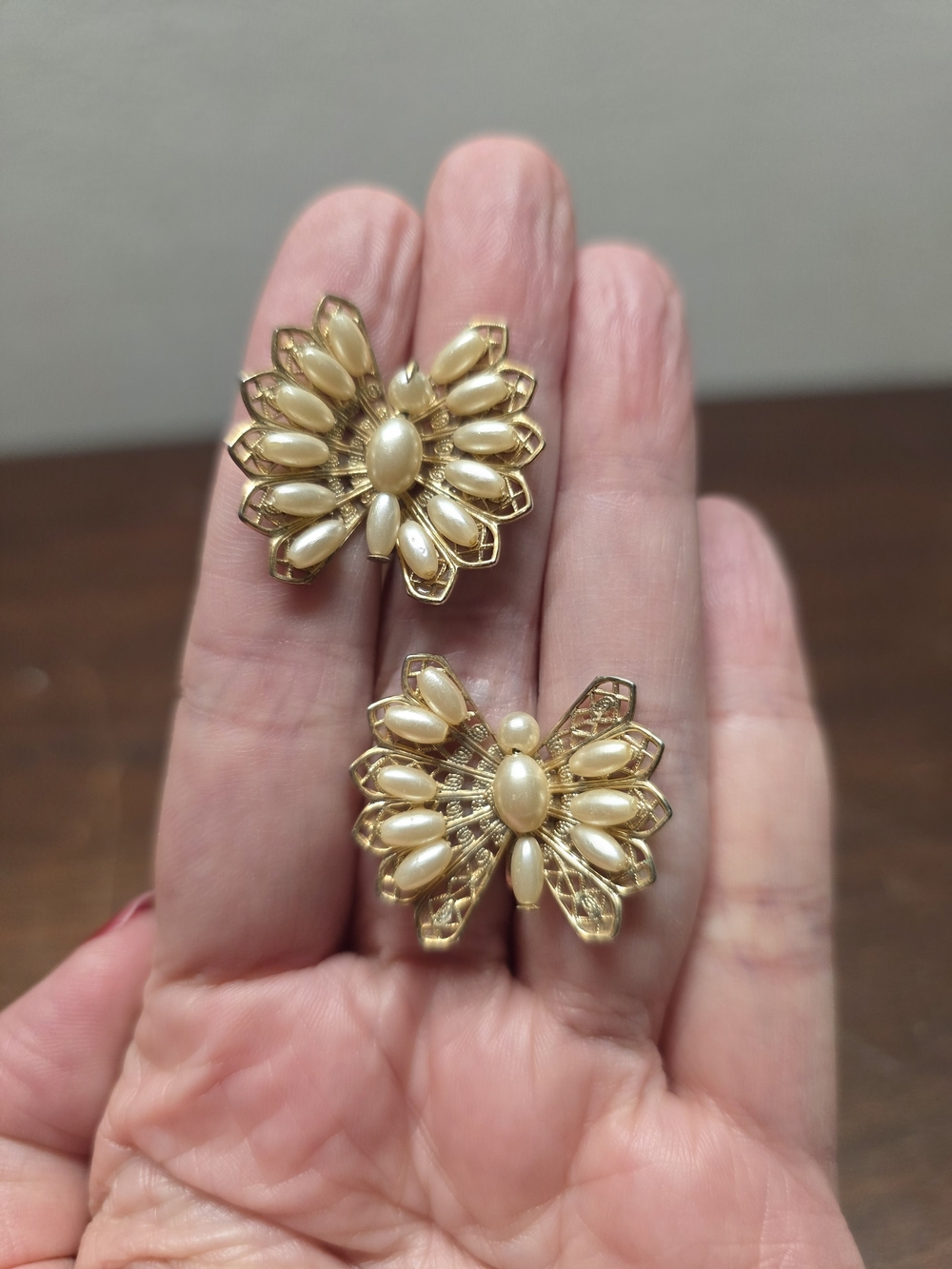 Gold and Cream Pearl Butterfly Screw Back Earrings - Women Jewelry